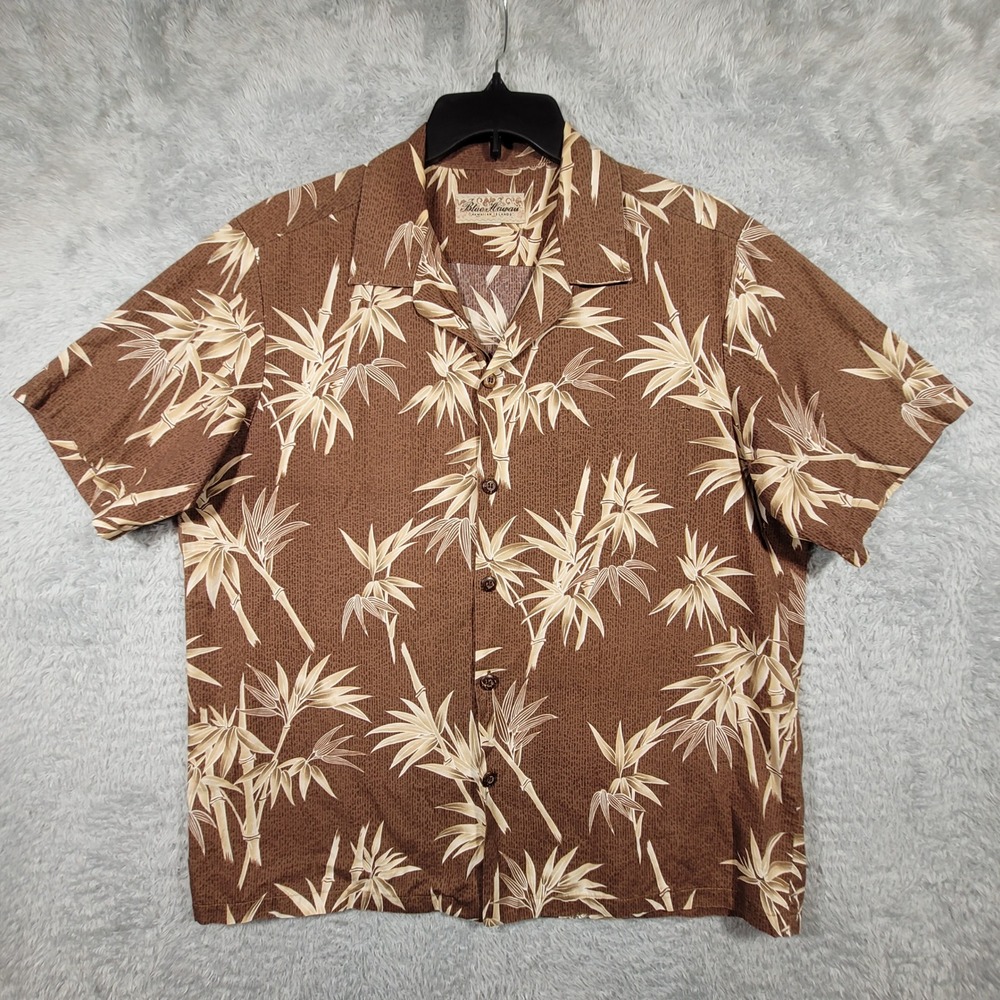 Blue‎ Hawaii Shirt Mens Brown Bamboo Print Short Sleeve Button Up